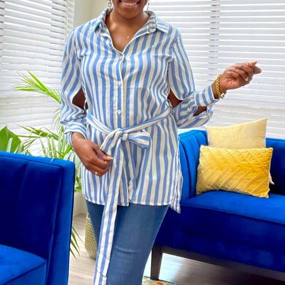 Oversized Stripe Button Up Top- Blue main image 0